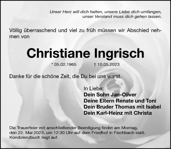 Traueranzeige von Christiane Ingrisch von Gesamtausgabe Nürnberger Nachrichten/ Nürnberger Ztg.