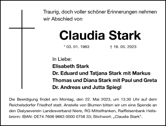Traueranzeige von Claudia Stark von Gesamtausgabe Nürnberger Nachrichten/ Nürnberger Ztg.