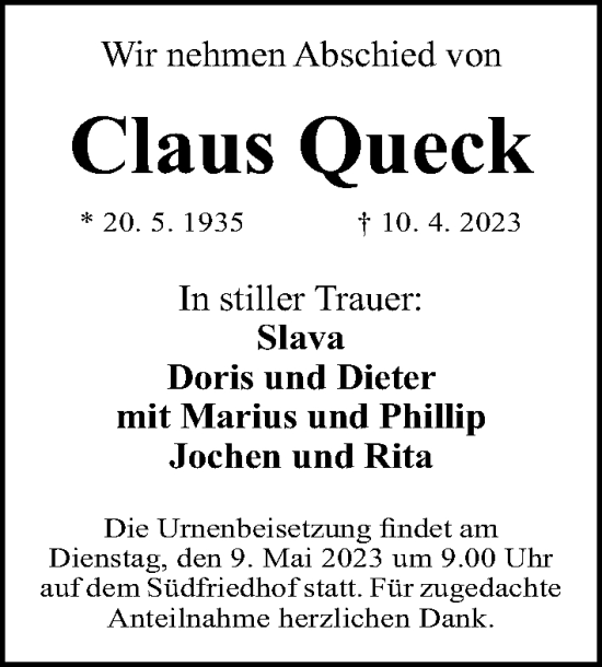 Traueranzeige von Claus Queck von Gesamtausgabe Nürnberger Nachrichten/ Nürnberger Ztg.