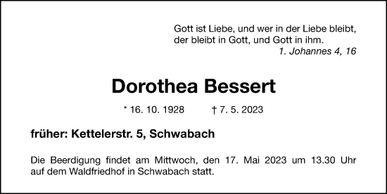 Traueranzeige von Dorothea Bessert von Schwabacher Tagblatt Lokal