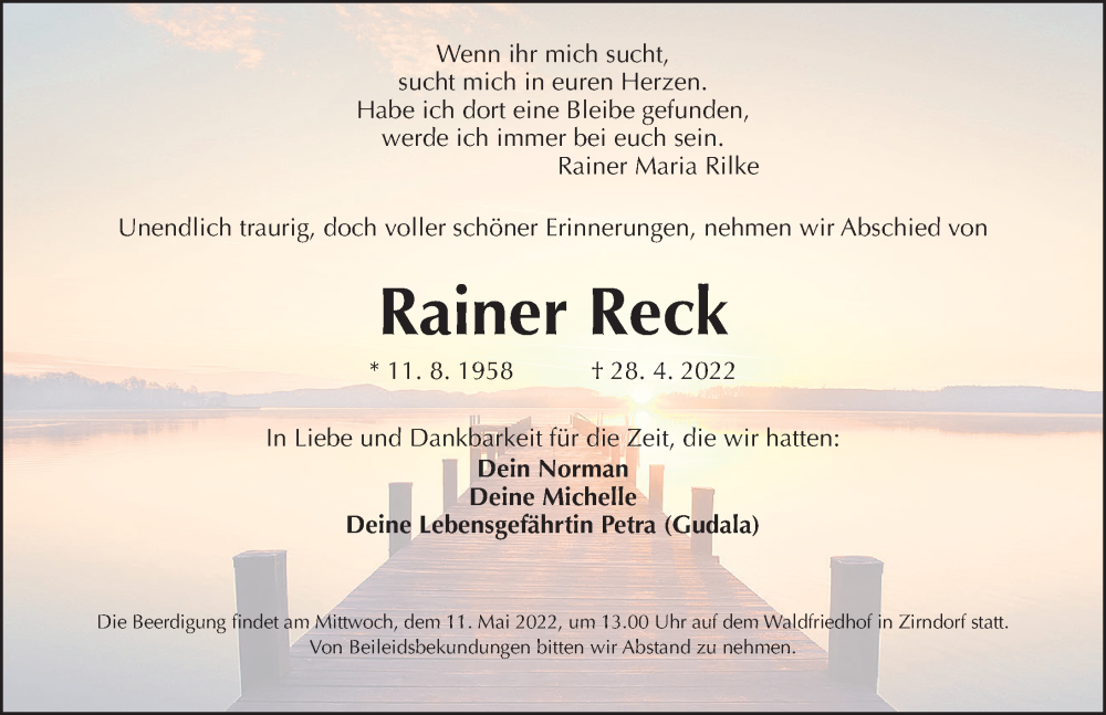  Traueranzeige für Rainer Reck vom 07.05.2022 aus Fürther Nachrichten Lokal
