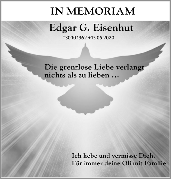 Traueranzeige von Edgar G. Eisenhut von Gesamtausgabe Nürnberger Nachrichten/ Nürnberger Ztg.