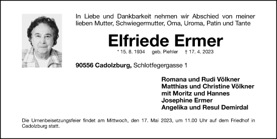 Traueranzeige von Elfriede Ermer von Fürther Nachrichten Lokal