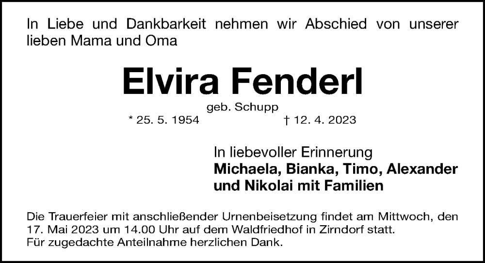  Traueranzeige für Elvira Fenderl vom 13.05.2023 aus Fürther Nachrichten Lokal