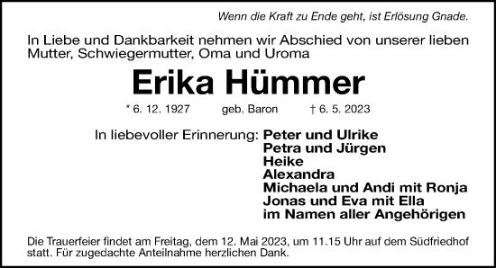 Traueranzeige von Erika Hümmer von Gesamtausgabe Nürnberger Nachrichten/ Nürnberger Ztg.
