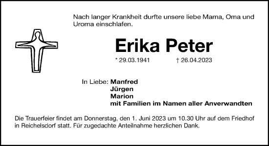 Traueranzeige von Erika Peter von Gesamtausgabe Nürnberger Nachrichten/ Nürnberger Ztg.