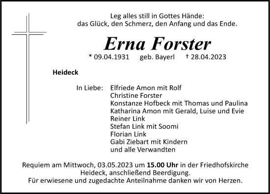 Traueranzeige von Erna Forster von Roth-Hilpoltsteiner Volkszeitung Lokal