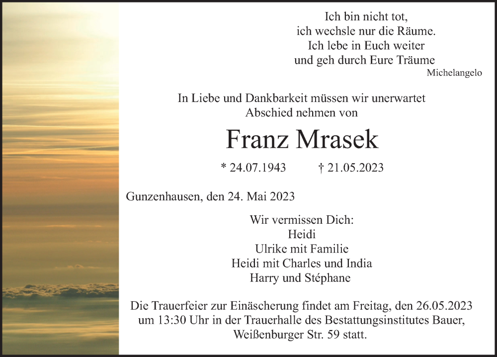  Traueranzeige für Franz Mrasek vom 24.05.2023 aus Altmühl-Bote Lokal