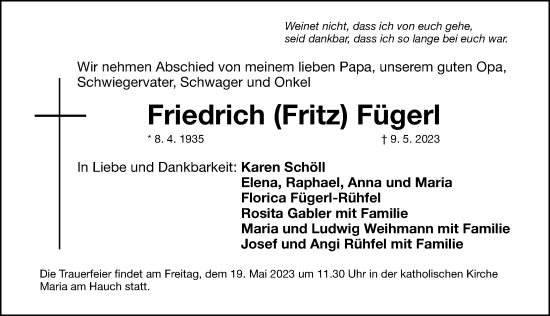 Traueranzeige von Friedrich Fügerl von Gesamtausgabe Nürnberger Nachrichten/ Nürnberger Ztg.