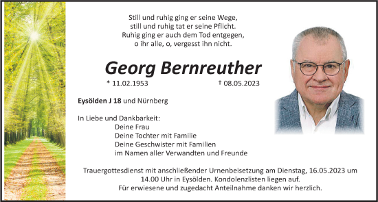 Traueranzeige von Georg Bernreuther von Roth-Hilpoltsteiner Volkszeitung Lokal