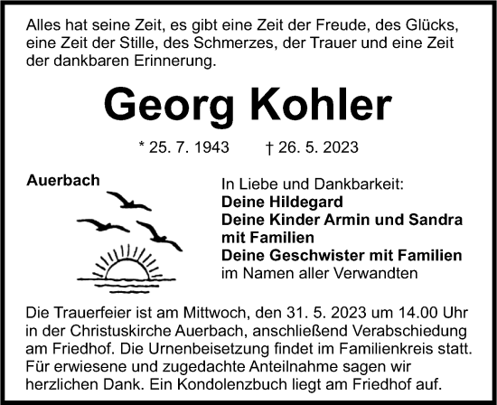 Traueranzeige von Georg Kohler von Nordbayerische Nachrichten Pegnitz Lokal