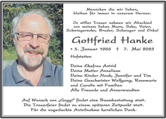 Traueranzeige von Gottfried Hanke von Roth-Hilpoltsteiner Volkszeitung Lokal