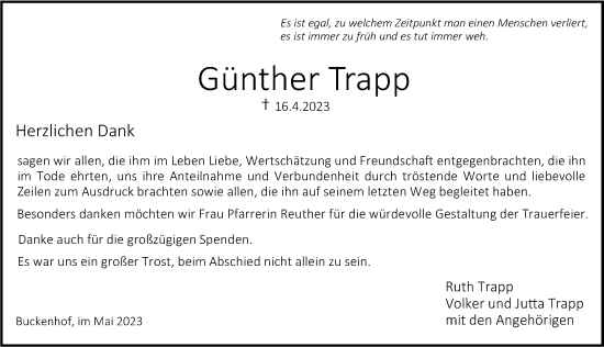 Traueranzeige von Günther Trapp von Erlanger Nachrichten Lokal