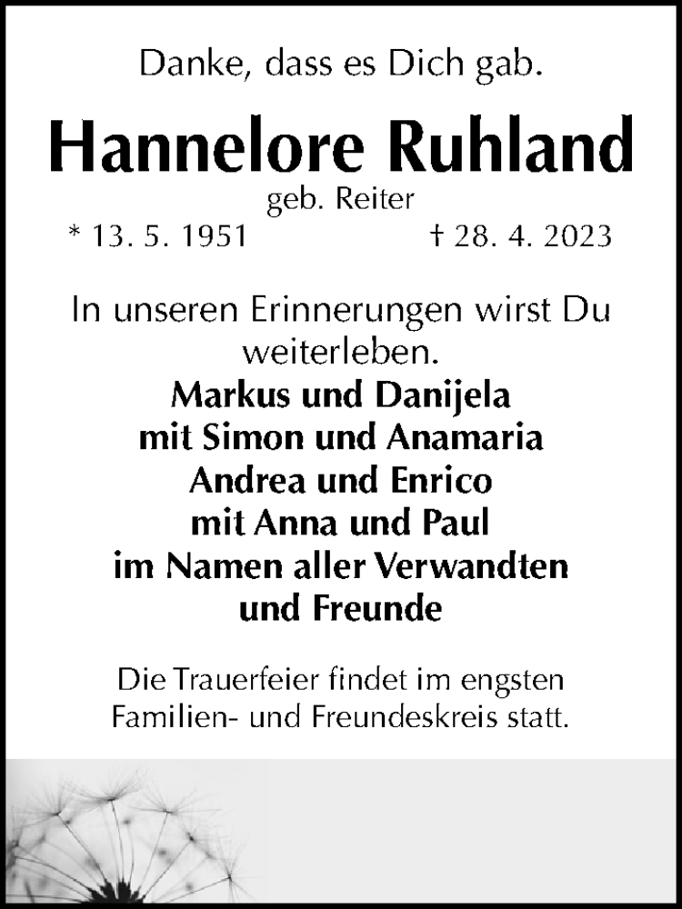  Traueranzeige für Hannelore Ruhland vom 02.05.2023 aus Gesamtausgabe Nürnberger Nachrichten/ Nürnberger Ztg.