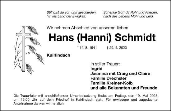 Traueranzeige von Hans Schmidt von Nordbayerische Nachrichten Herzogenaurach Lokal