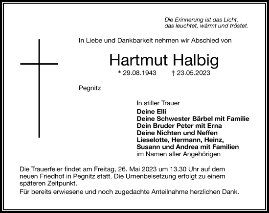 Traueranzeige von Hartmut Halbig von Nordbayerische Nachrichten Pegnitz Lokal