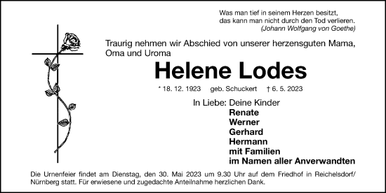 Traueranzeige von Helene Lodes von Gesamtausgabe Nürnberger Nachrichten/ Nürnberger Ztg.
