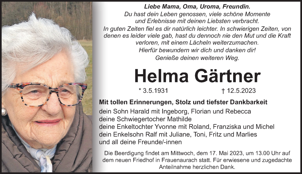  Traueranzeige für Helma Gärtner vom 16.05.2023 aus Erlanger Nachrichten Lokal