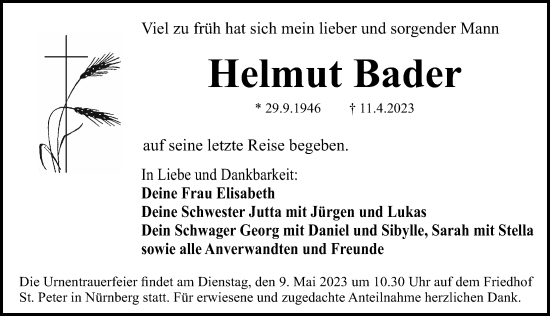 Traueranzeige von Helmut Bader von Gesamtausgabe Nürnberger Nachrichten/ Nürnberger Ztg.