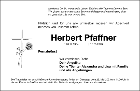 Traueranzeige von Herbert Pfaffner von Gesamtausgabe Nürnberger Nachrichten/ Nürnberger Ztg.