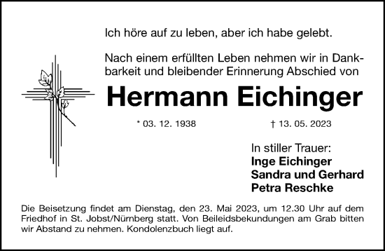 Traueranzeige von Hermann Eichinger von Gesamtausgabe Nürnberger Nachrichten/ Nürnberger Ztg.