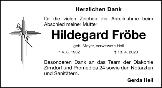 Traueranzeige von Hildegard Fröbe von Fürther Nachrichten Lokal