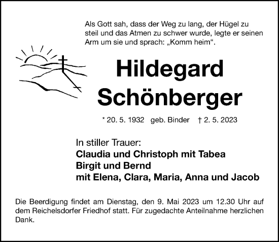 Traueranzeige von Hildegard Schönberger von Gesamtausgabe Nürnberger Nachrichten/ Nürnberger Ztg.