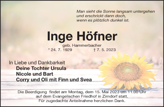 Traueranzeige von Inge Höfner von Fürther Nachrichten Lokal