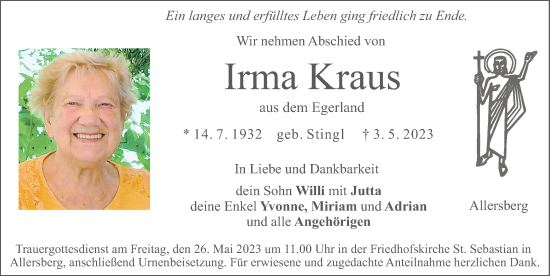 Traueranzeigen von Irma Kraus trauer.nn.de