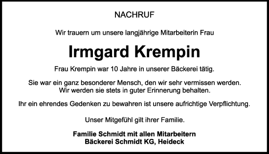 Traueranzeige von Irmgard Krempin von Roth-Hilpoltsteiner Volkszeitung Lokal