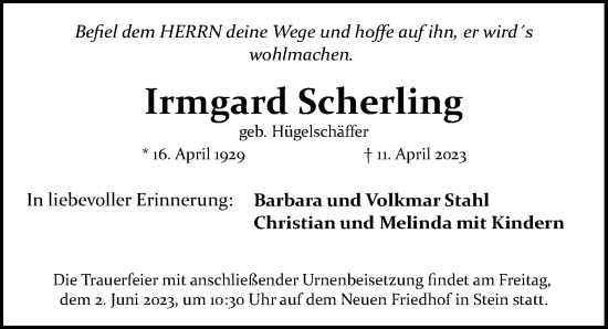 Traueranzeige von Irmgard Scherling von Gesamtausgabe Nürnberger Nachrichten/ Nürnberger Ztg.