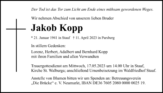 Traueranzeige von Jakob Kopp von Neumarkter Nachrichten Lokal