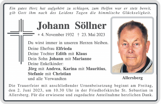 Traueranzeige von Johann Söllner von Roth-Hilpoltsteiner Volkszeitung Lokal