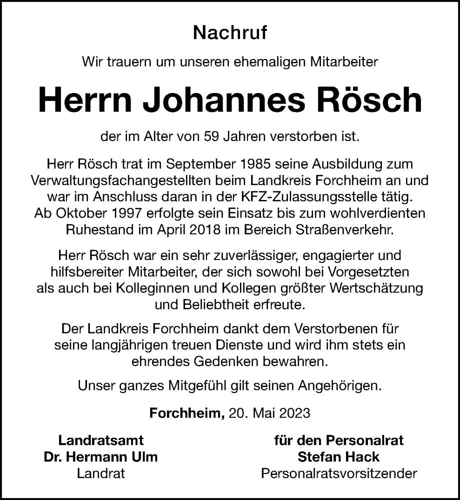  Traueranzeige für Johannes Rösch vom 20.05.2023 aus Nordbayerische Nachrichten Forchheim Lokal