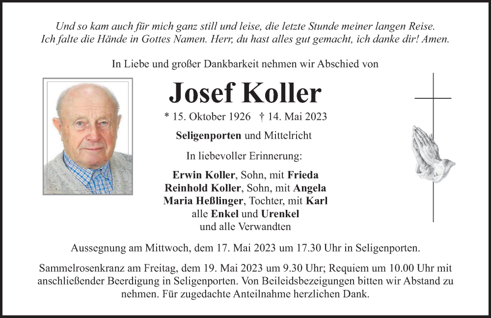  Traueranzeige für Josef Koller vom 16.05.2023 aus Neumarkter Nachrichten Lokal