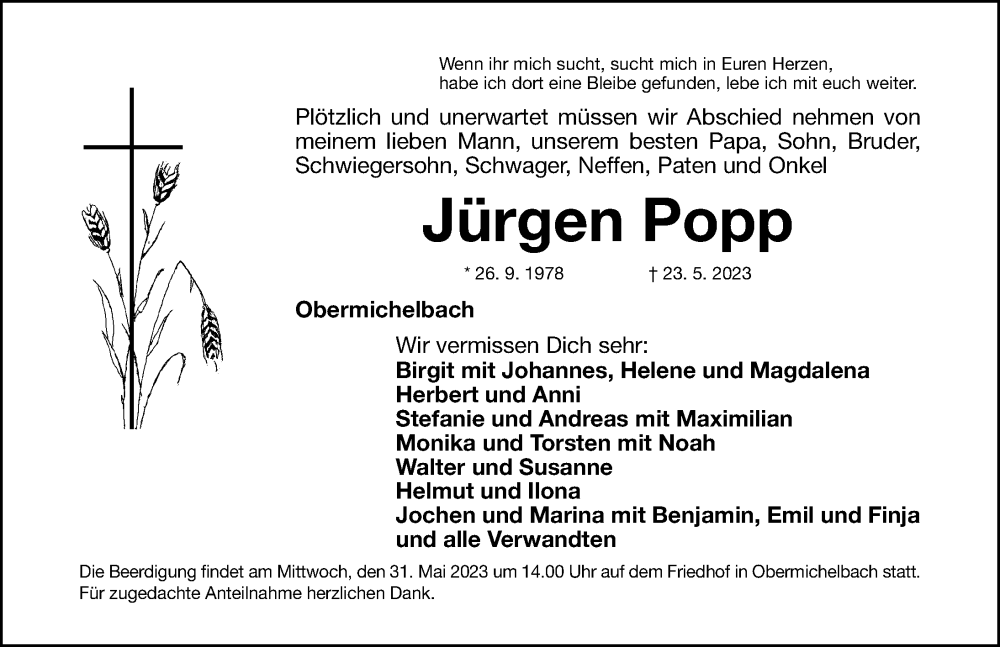  Traueranzeige für Jürgen Popp vom 27.05.2023 aus Fürther Nachrichten/ Erlanger Nachrichten