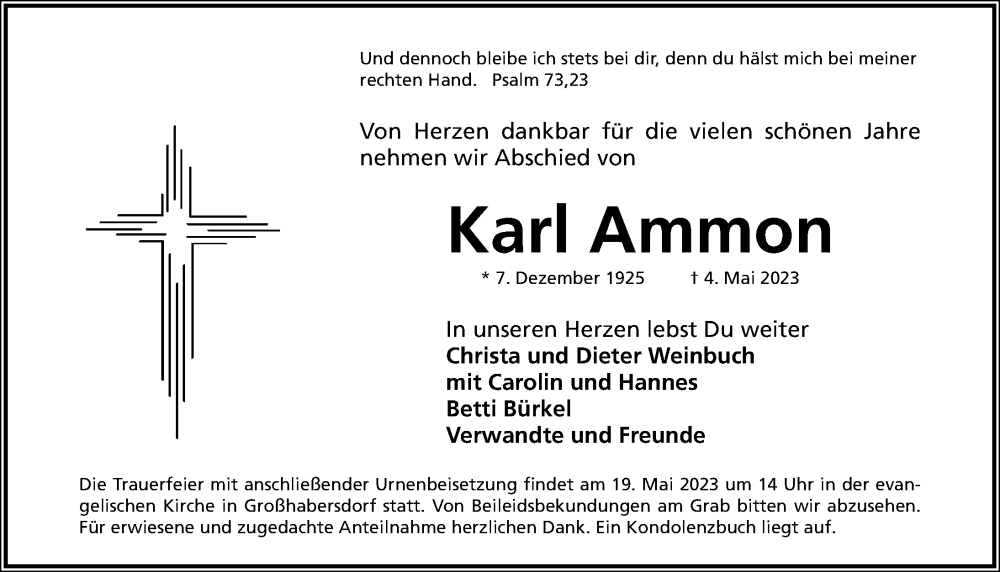  Traueranzeige für Karl Ammon vom 16.05.2023 aus Fürther Nachrichten Lokal