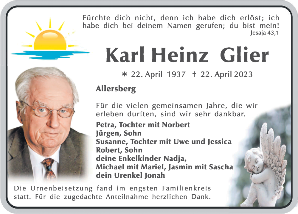  Traueranzeige für Karl Heinz Glier vom 08.05.2023 aus Roth-Hilpoltsteiner Volkszeitung Lokal