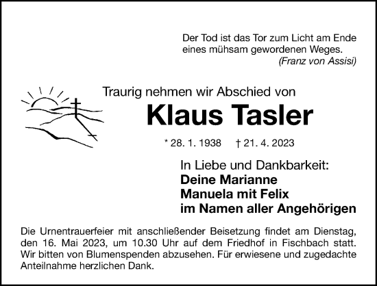 Traueranzeige von Klaus Tasler von Gesamtausgabe Nürnberger Nachrichten/ Nürnberger Ztg.