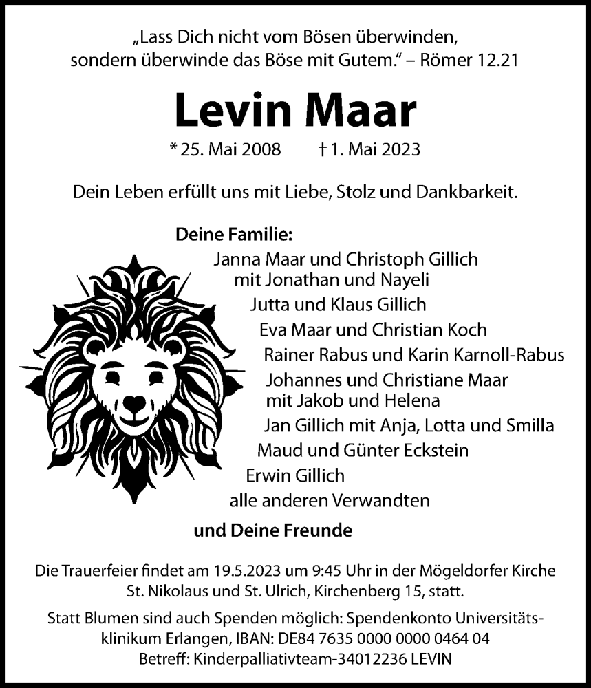  Traueranzeige für Levin Maar vom 13.05.2023 aus Gesamtausgabe Nürnberger Nachrichten/ Nürnberger Ztg.
