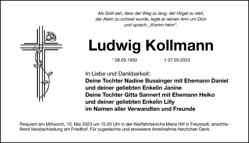  Traueranzeige für Ludwig Kollmann vom 09.05.2023 aus Neumarkter Nachrichten Lokal