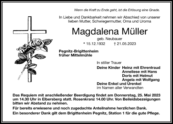 Traueranzeige von Magdalena Müller von Nordbayerische Nachrichten Pegnitz Lokal