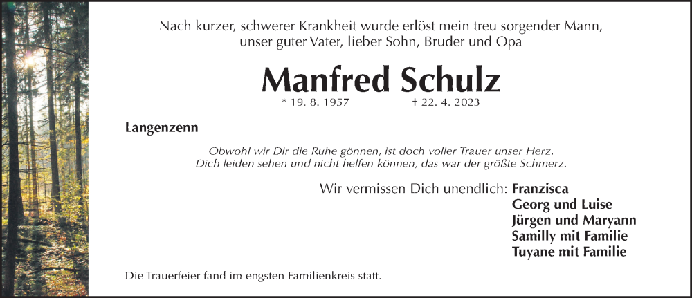  Traueranzeige für Manfred Schulz vom 10.05.2023 aus Fürther Nachrichten Lokal