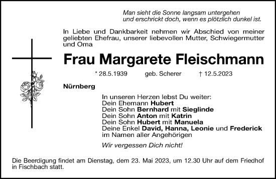 Traueranzeige von Margarete Fleischmann von Gesamtausgabe Nürnberger Nachrichten/ Nürnberger Ztg.