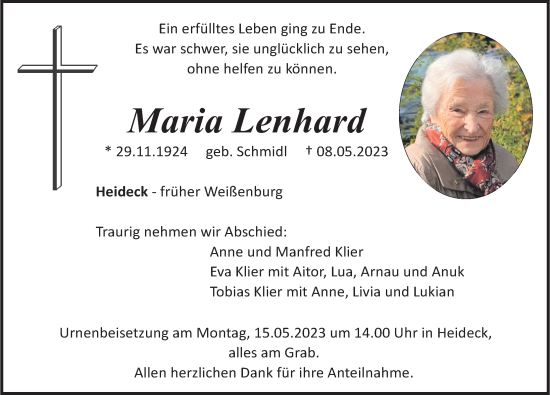 Traueranzeige von Maria Lenhard von Roth-Hilpoltsteiner Volkszeitung Lokal