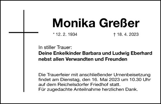 Traueranzeige von Monika Greßer von Gesamtausgabe Nürnberger Nachrichten/ Nürnberger Ztg.