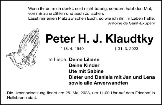 Traueranzeige von Peter H. J. Klaudtky von Gesamtausgabe Nürnberger Nachrichten/ Nürnberger Ztg.