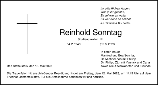 Traueranzeige von Reinhold Sonntag von Gesamtausgabe Nürnberger Nachrichten/ Nürnberger Ztg.