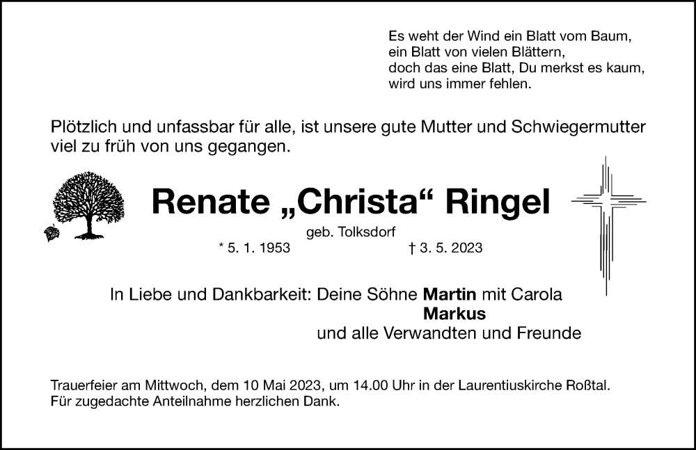  Traueranzeige für Renate  Ringel vom 08.05.2023 aus Fürther Nachrichten Lokal