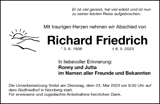 Traueranzeige von Richard Friedrich von Gesamtausgabe Nürnberger Nachrichten/ Nürnberger Ztg.